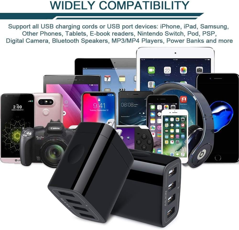 Wall Charger, USB Charger Adapter,  4.8A 4Multi Port Fast Charging Station Power Base Block Plug Cube Brick for Iphone 17 16 15 14 SE 13 12 11Pro Max/X/Plus, Samsung A16/A17/S25/S24 Kindle Plug